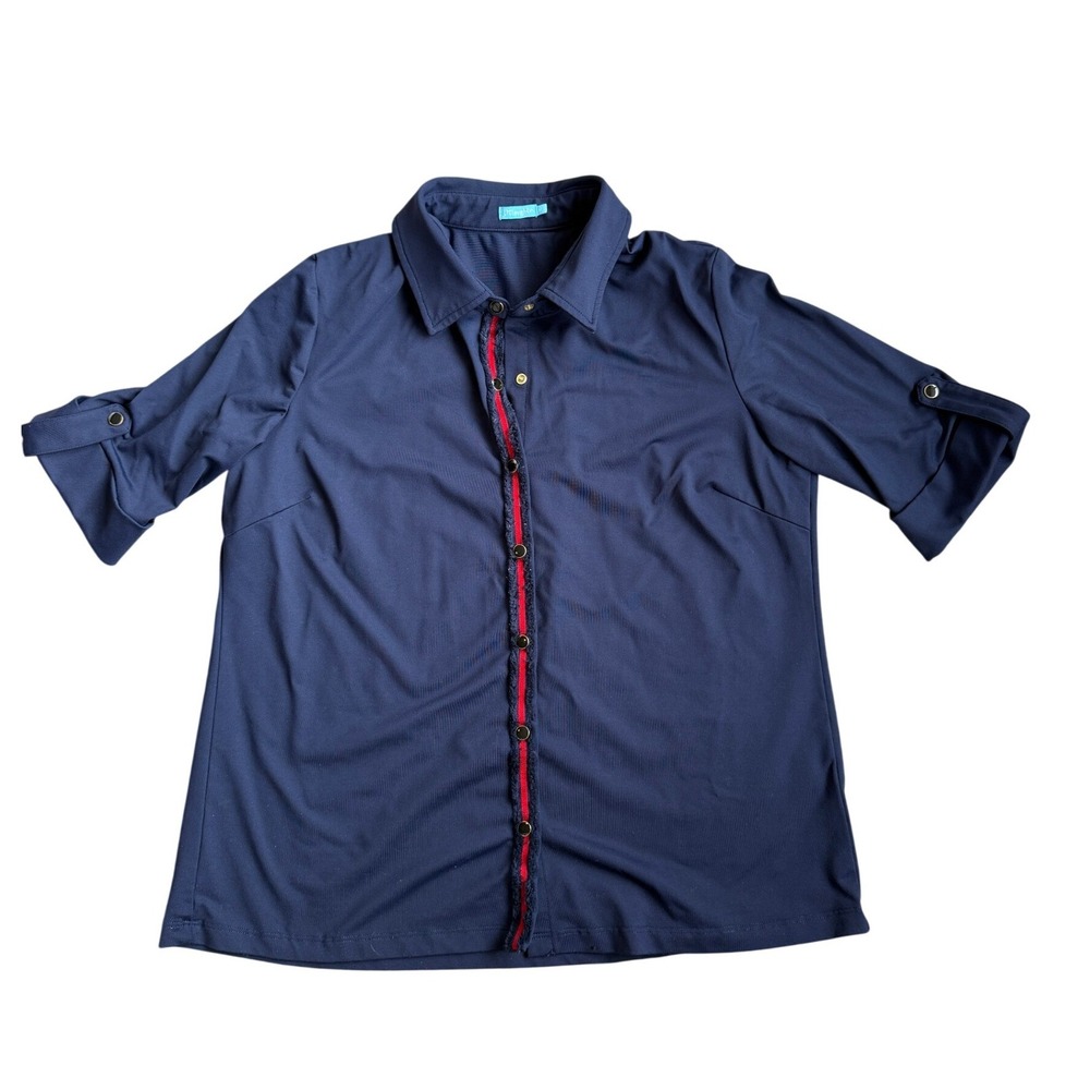 J. McLaughlin Navy Blue‎ Button Down Shirt Red Trim Gold Buttons Womens Medium